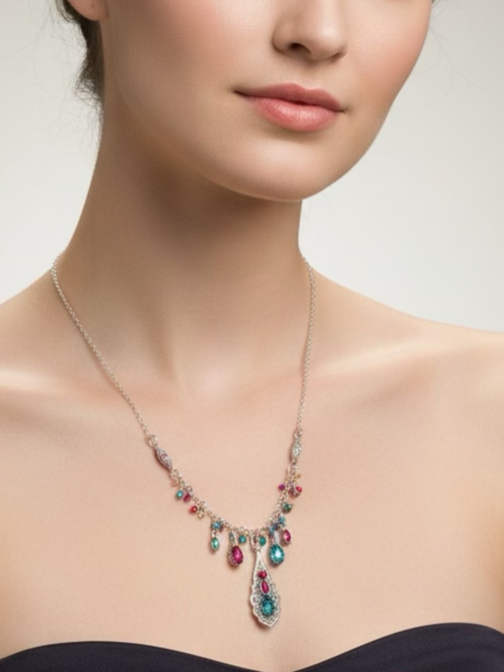 Aqua And Pink “Firefly” Signed Dangle Crystal and Silver Tone 18” Necklace